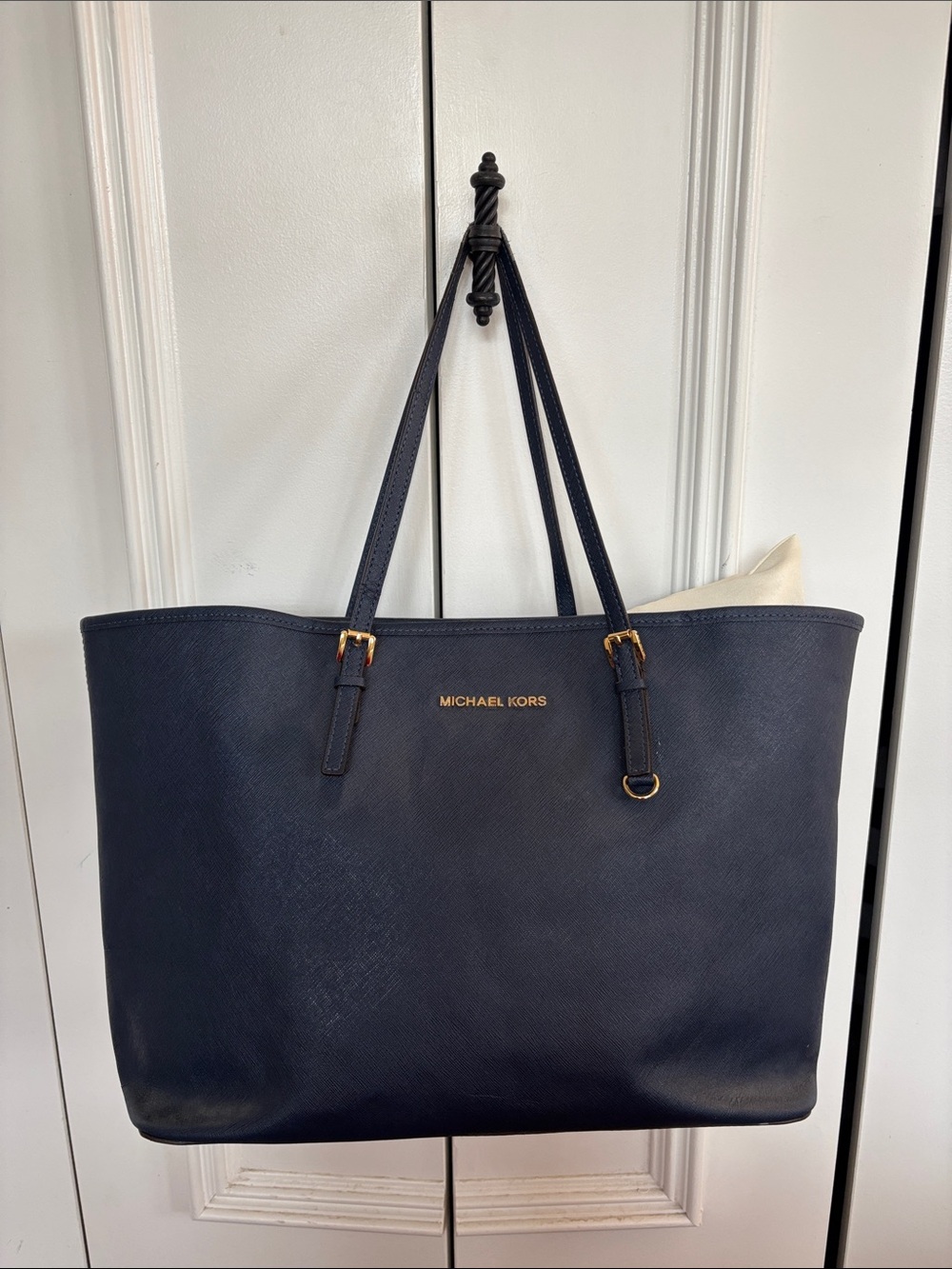 Michael Kors Navy Saffiano Tote with Gold Hardware